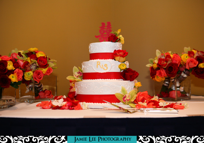 Wedding cake red with tropical flowers chinese happiness symbol ...